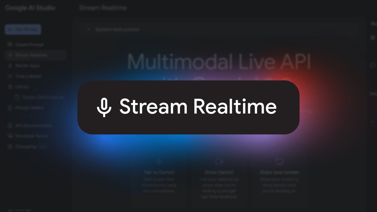  A screenshot of Google AI Studio's Multimodal Live API page highlights the "Stream Realtime" button, which has a microphone icon. 